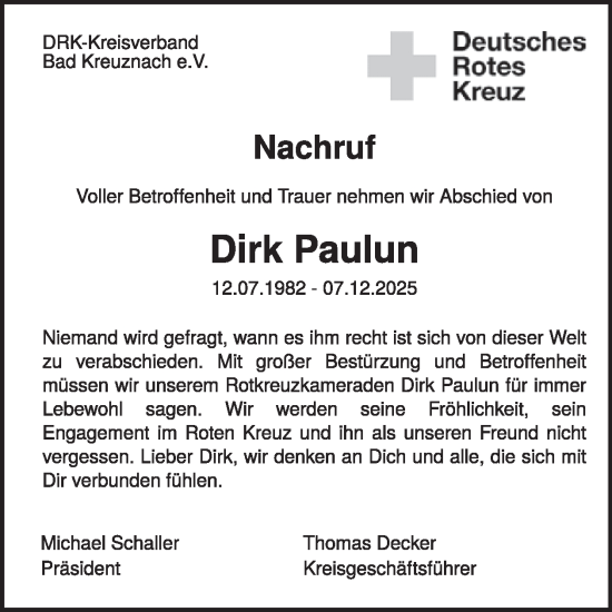 Traueranzeige von Dirk Paulun von WochenSpiegel