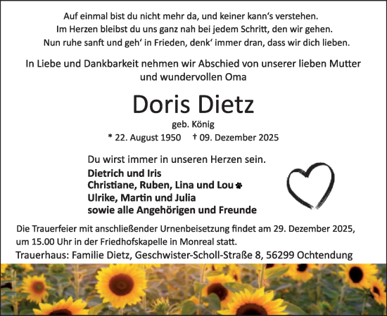Traueranzeige von Doris Dietz von WochenSpiegel