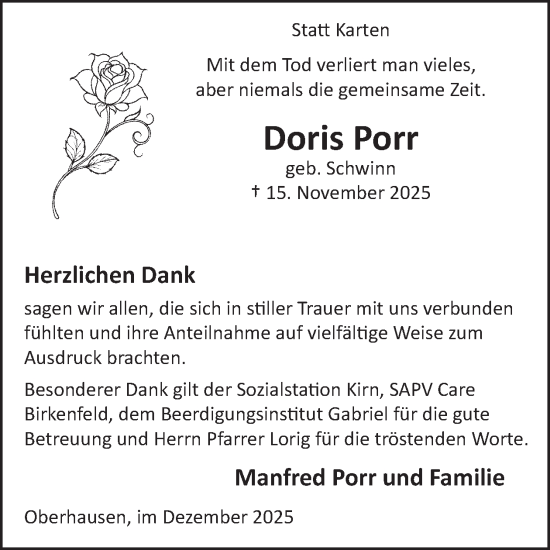 Traueranzeige von Doris Porr von WochenSpiegel