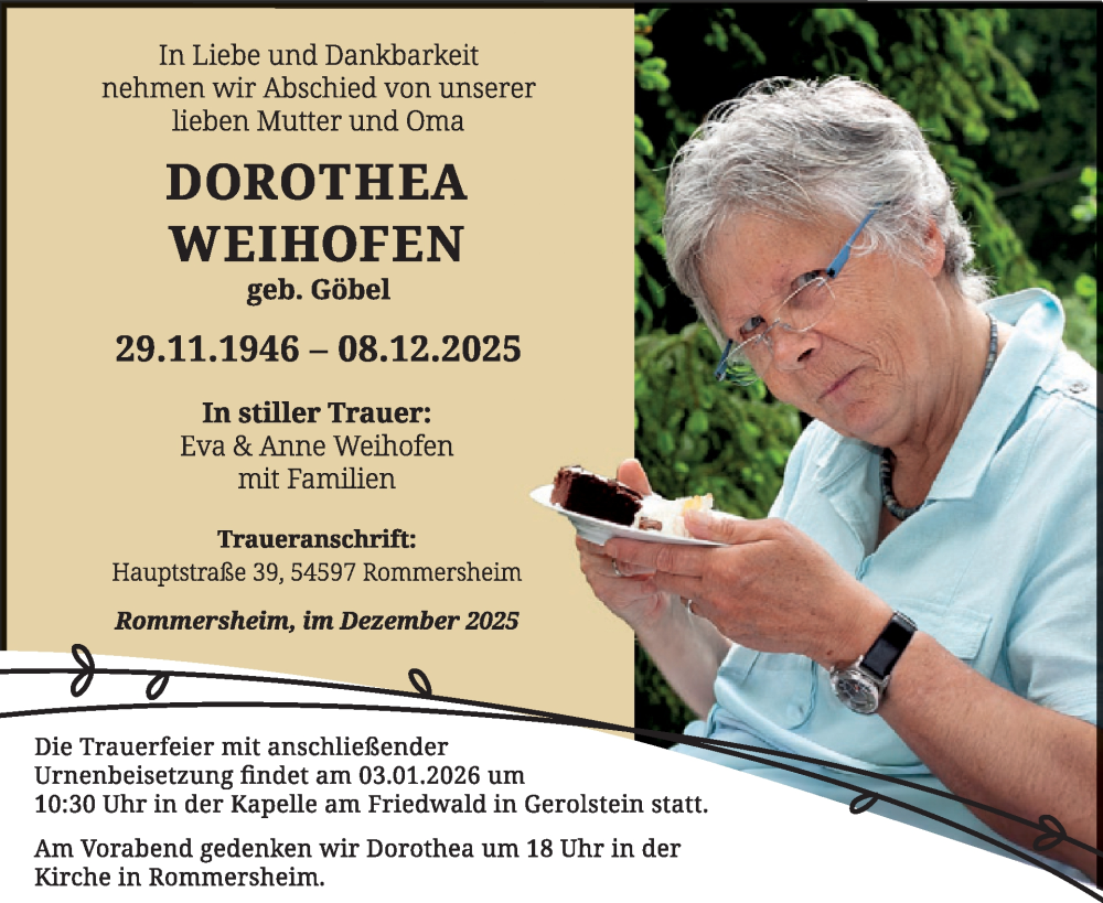  Traueranzeige für Dorothea Weihofen vom 19.12.2025 aus WochenSpiegel