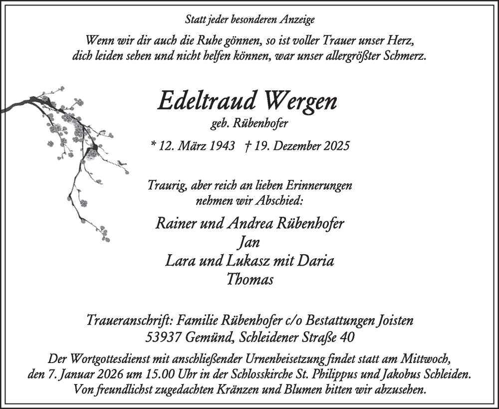  Traueranzeige für Edeltraud Wergen vom 31.12.2025 aus WochenSpiegel