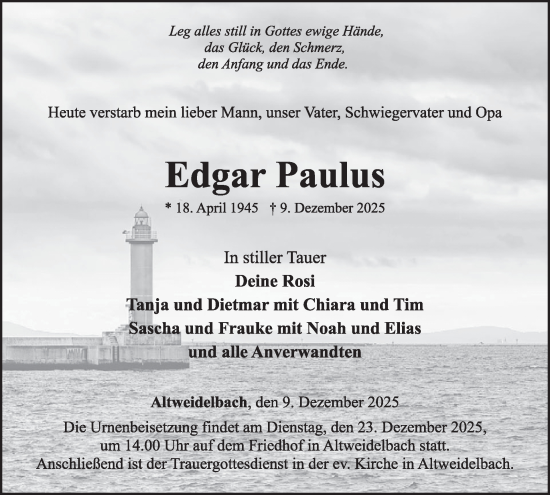 Traueranzeige von Edgar Paulus von WochenSpiegel
