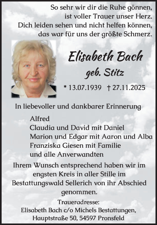 Traueranzeige von Elisabeth Bach von WochenSpiegel