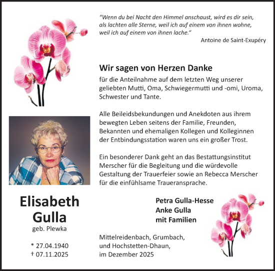 Traueranzeige von Elisabeth Gulla von WochenSpiegel