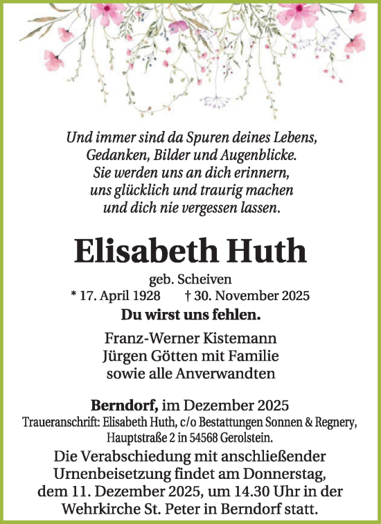 Traueranzeige von Elisabeth Huth von WochenSpiegel