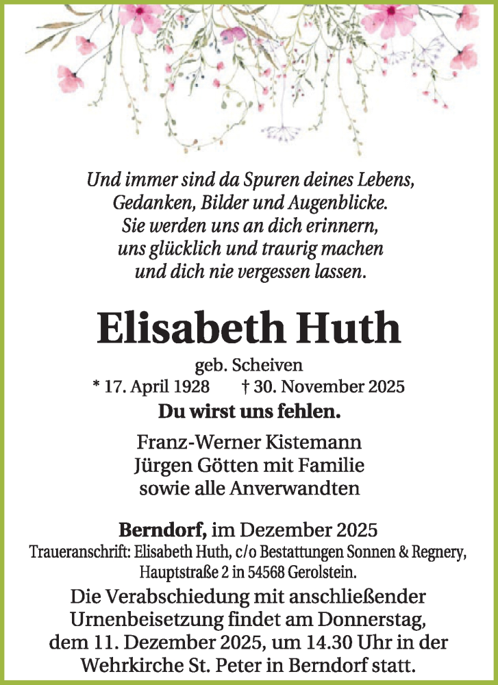  Traueranzeige für Elisabeth Huth vom 06.12.2025 aus WochenSpiegel