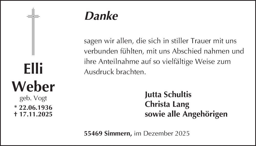  Traueranzeige für Elli Weber vom 27.12.2025 aus WochenSpiegel