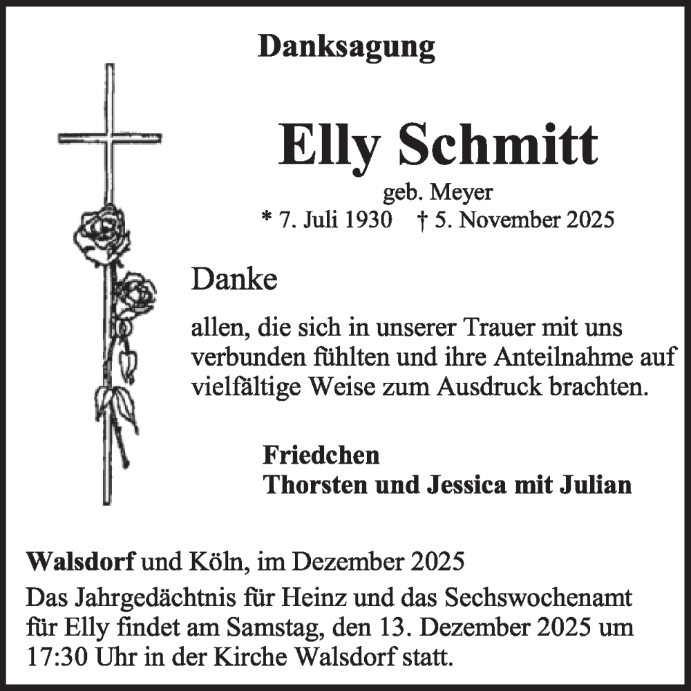  Traueranzeige für Elly Schmitt vom 06.12.2025 aus WochenSpiegel