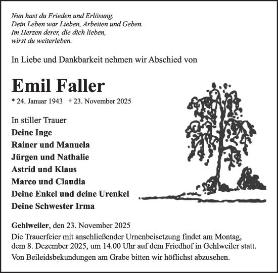 Traueranzeige von Emil Faller von WochenSpiegel