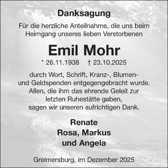 Traueranzeige von Emil Mohr von WochenSpiegel