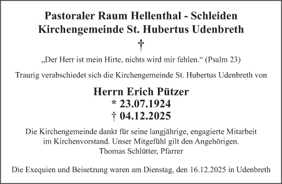 Traueranzeige von Erich Pützer von WochenSpiegel