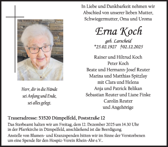 Traueranzeige von Erna Koch von WochenSpiegel