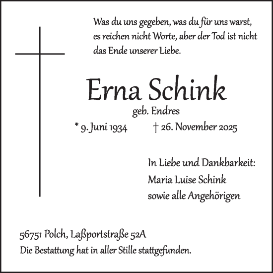 Traueranzeige von Erna Schink von WochenSpiegel
