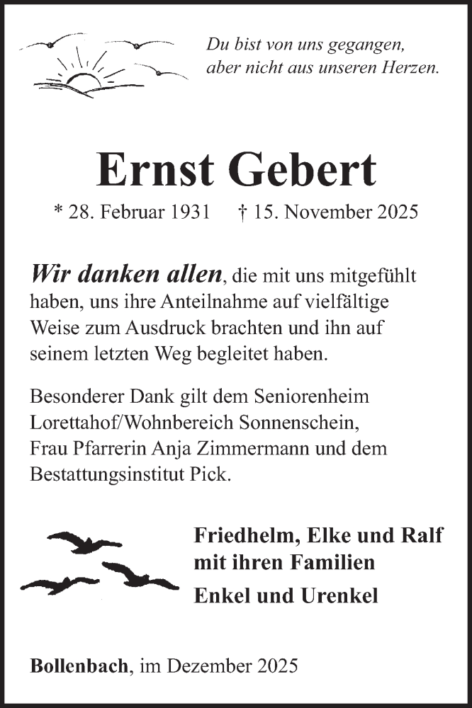 Traueranzeige für Ernst Gebert vom 20.12.2025 aus WochenSpiegel