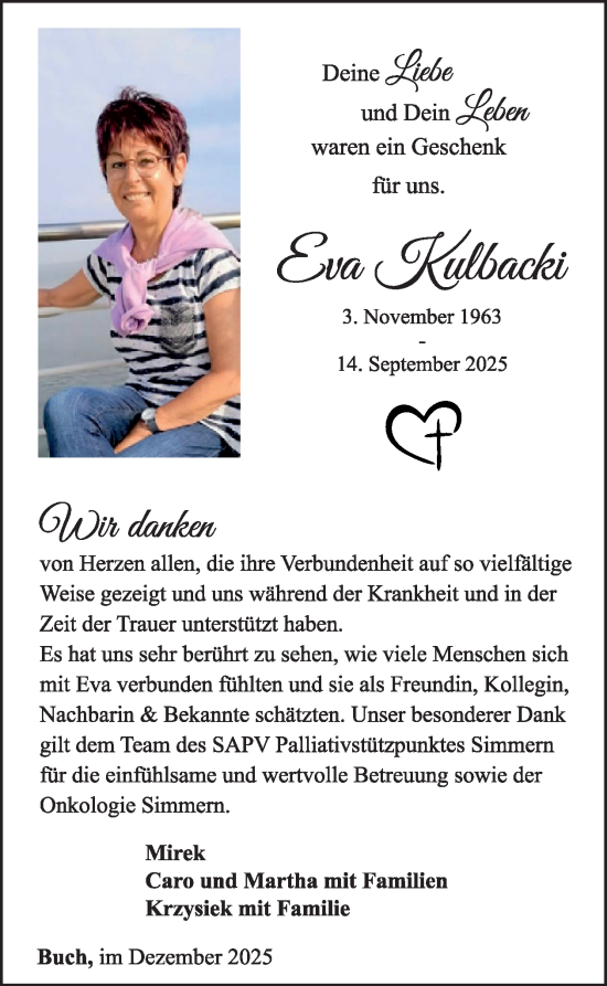 Traueranzeige von Eva Kulbacki von WochenSpiegel