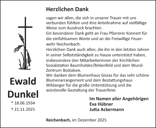 Traueranzeige von Ewald Dunkel von WochenSpiegel