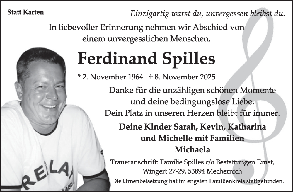  Traueranzeige für Ferdinand Spilles vom 17.12.2025 aus WochenSpiegel