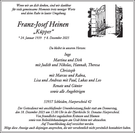 Traueranzeige von Franz-Josef Heinen von WochenSpiegel