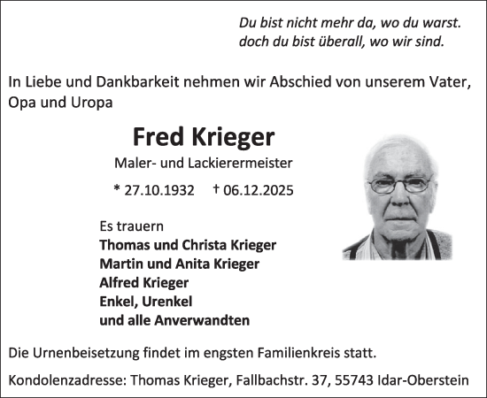 Traueranzeige von Fred Krieger von WochenSpiegel