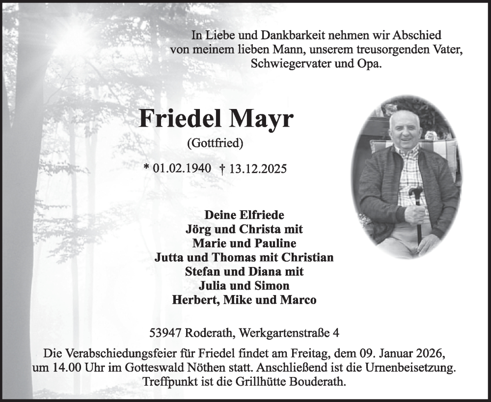  Traueranzeige für Friedel Mayr vom 17.12.2025 aus WochenSpiegel