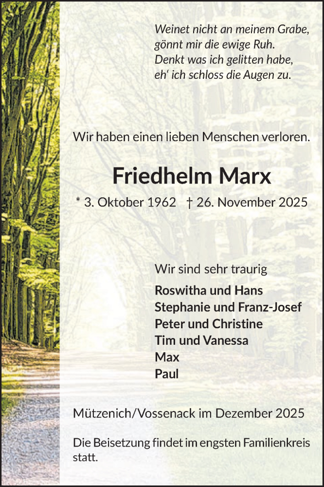  Traueranzeige für Friedhelm Marx vom 03.12.2025 aus WochenSpiegel