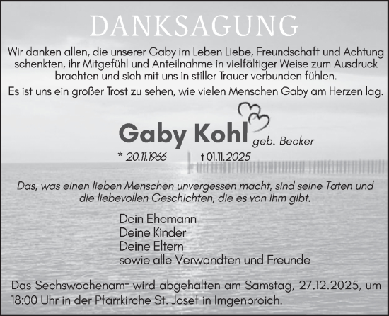 Traueranzeige von Gaby Kohl von WochenSpiegel