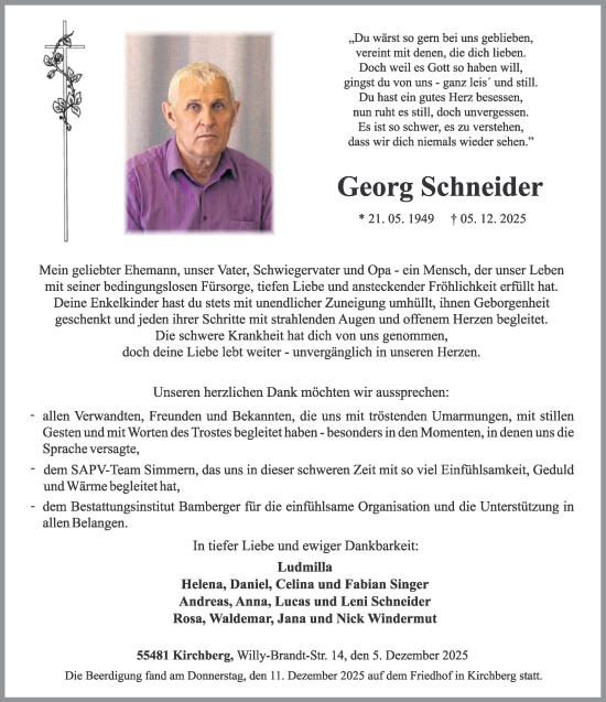 Traueranzeige von Georg Schneider von WochenSpiegel