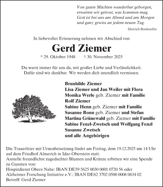 Traueranzeige von Gerd Ziemer von WochenSpiegel