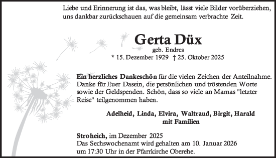 Traueranzeige von Gerta Düx von WochenSpiegel