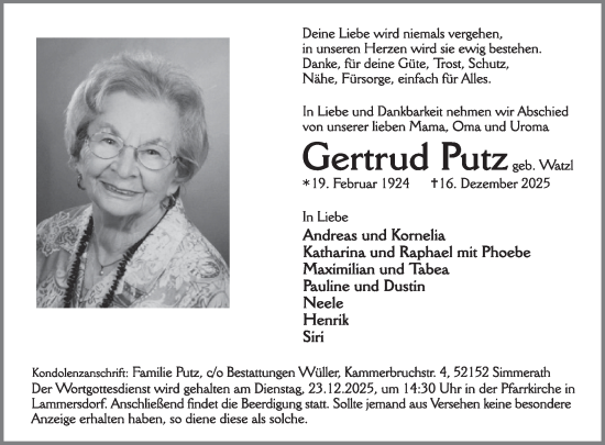 Traueranzeige von Gertrud Putz von WochenSpiegel