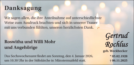 Traueranzeige von Gertrud Rochlus von WochenSpiegel