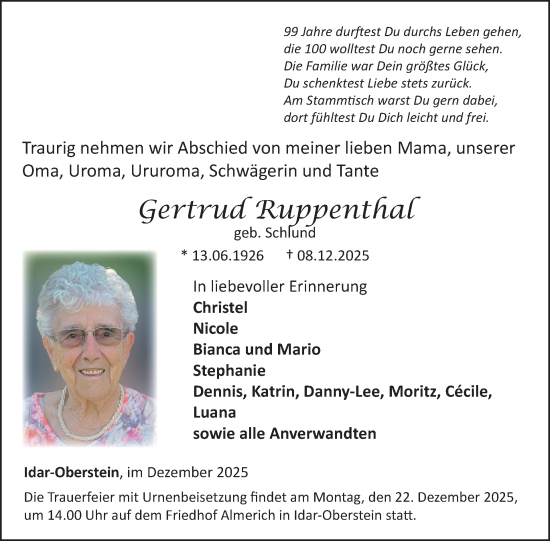 Traueranzeige von Gertrud Ruppenthal von WochenSpiegel
