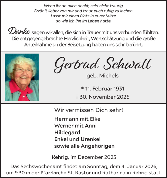 Traueranzeige von Gertrud Schwall von WochenSpiegel