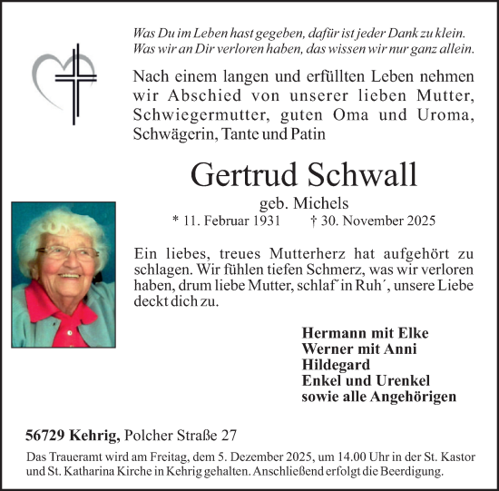 Traueranzeige von Gertrud Schwall von WochenSpiegel