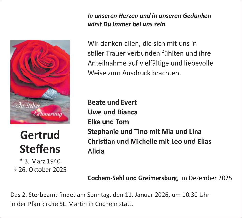  Traueranzeige für Gertrud Steffens vom 10.12.2025 aus WochenSpiegel