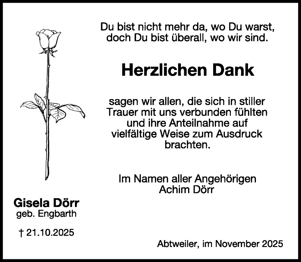  Traueranzeige für Gisela Dörr vom 06.12.2025 aus WochenSpiegel