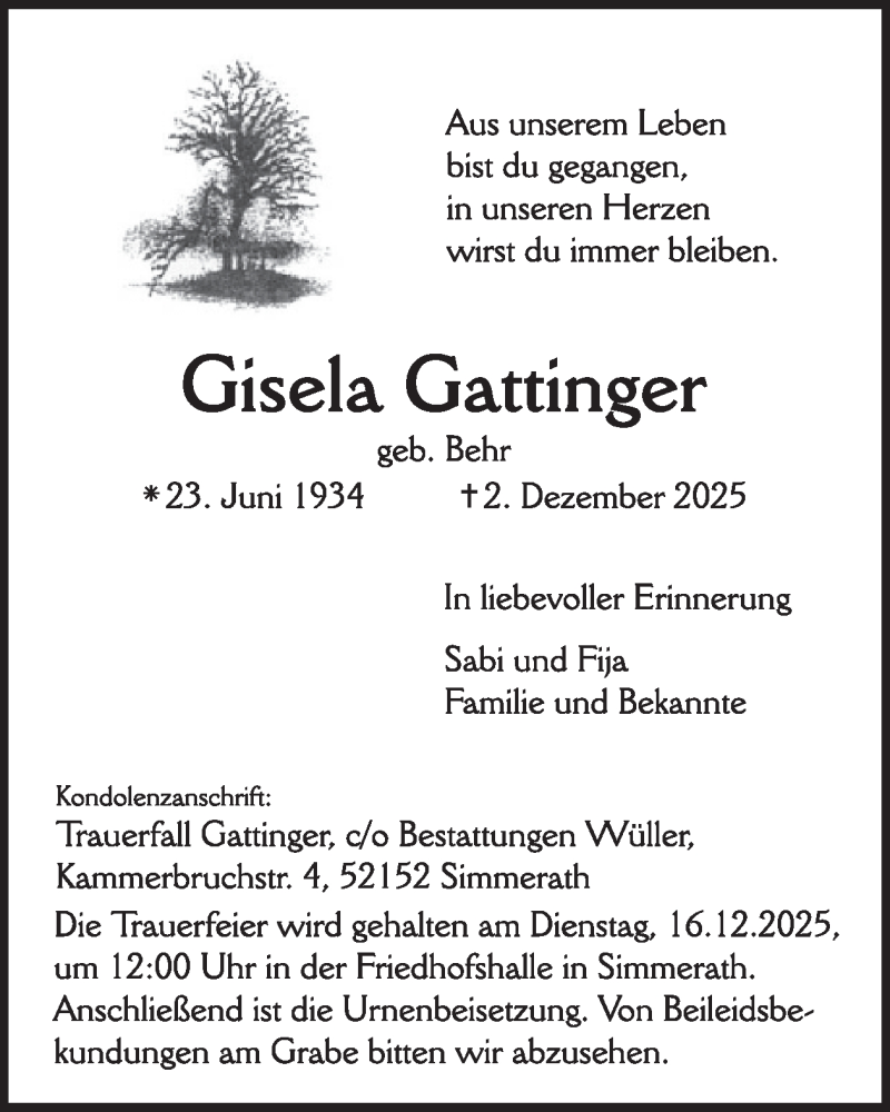  Traueranzeige für Gisela Gattinger vom 10.12.2025 aus WochenSpiegel