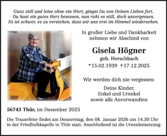Traueranzeige von Gisela Högner von WochenSpiegel
