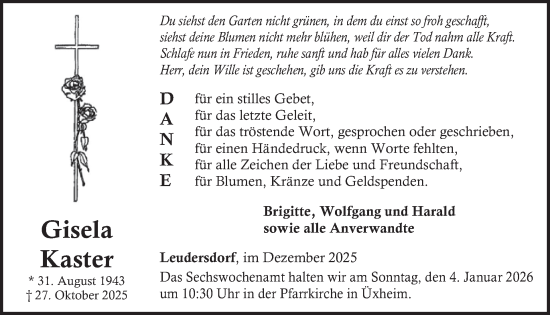 Traueranzeige von Gisela Kaster von WochenSpiegel
