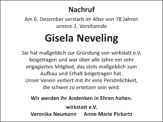 Traueranzeige von Gisela Neveling von WochenSpiegel
