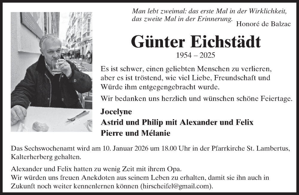  Traueranzeige für Günter Eichstädt vom 17.12.2025 aus WochenSpiegel