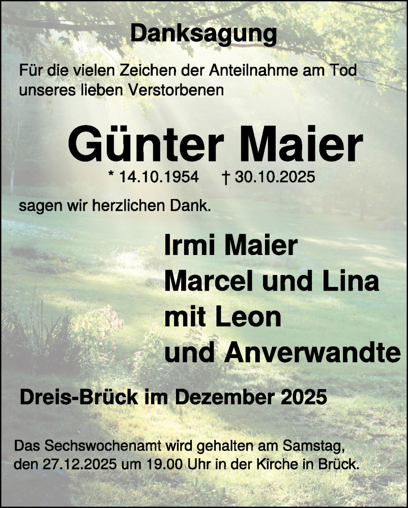  Traueranzeige für Günter Maier vom 20.12.2025 aus WochenSpiegel