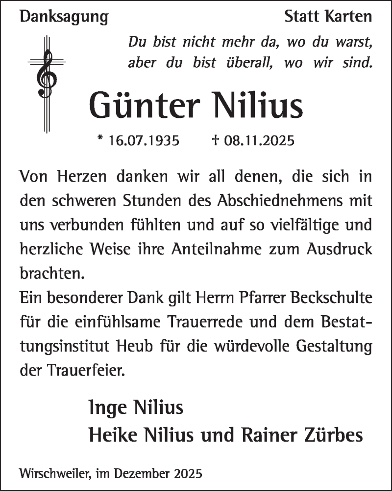  Traueranzeige für Günter Nilius vom 13.12.2025 aus WochenSpiegel