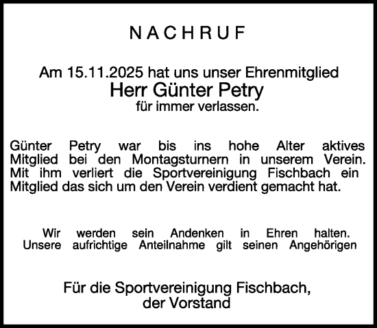 Traueranzeige von Günter Petry von WochenSpiegel