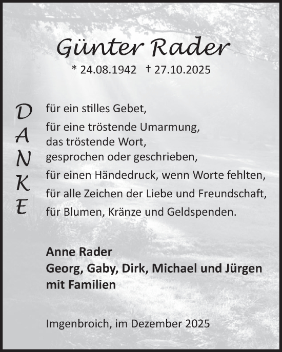 Traueranzeige von Günter Rader von WochenSpiegel