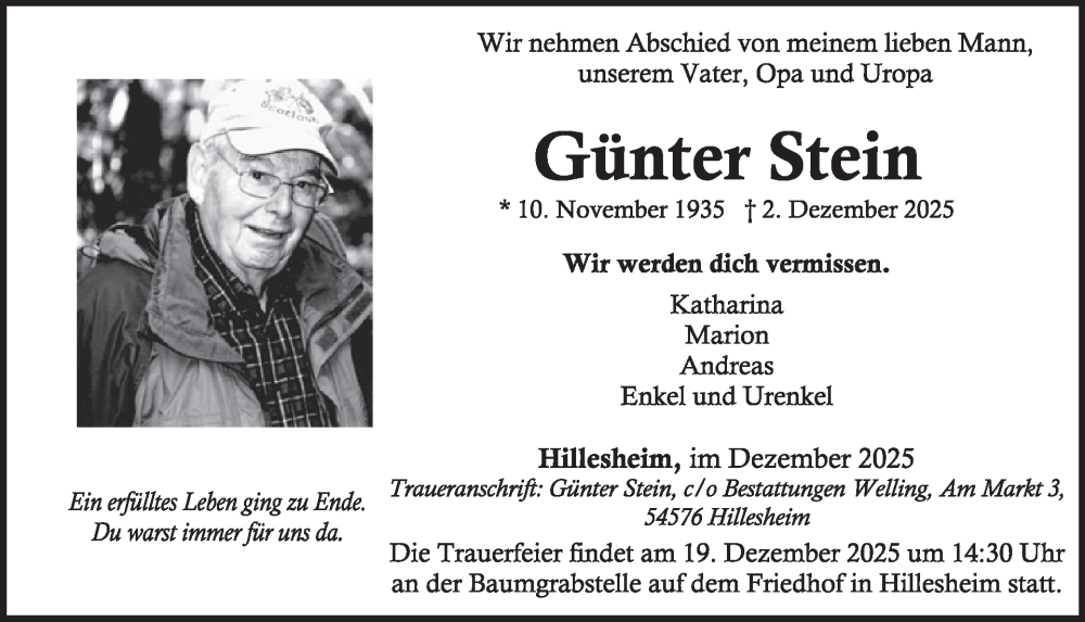  Traueranzeige für Günter Stein vom 13.12.2025 aus WochenSpiegel