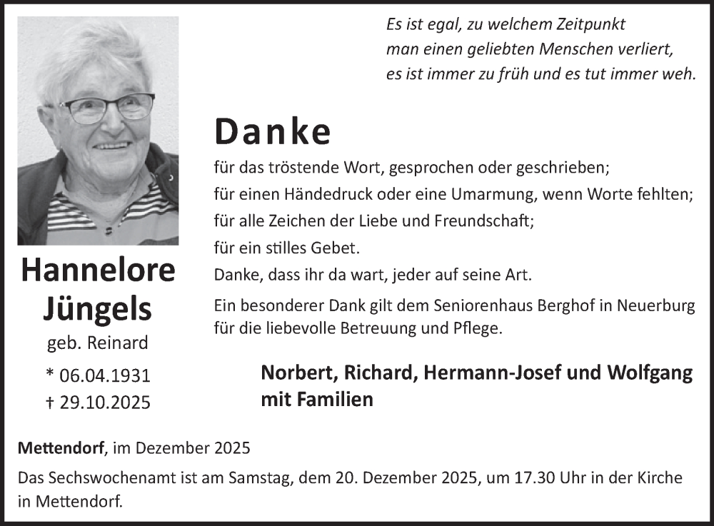 Traueranzeige für Hannelore Jüngels vom 12.12.2025 aus WochenSpiegel