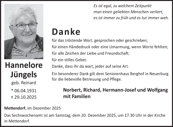 Traueranzeige von Hannelore Jüngels von WochenSpiegel