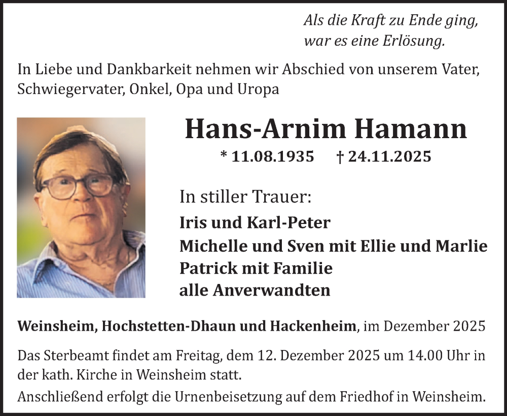  Traueranzeige für Hans-Arnim Hamann vom 06.12.2025 aus WochenSpiegel