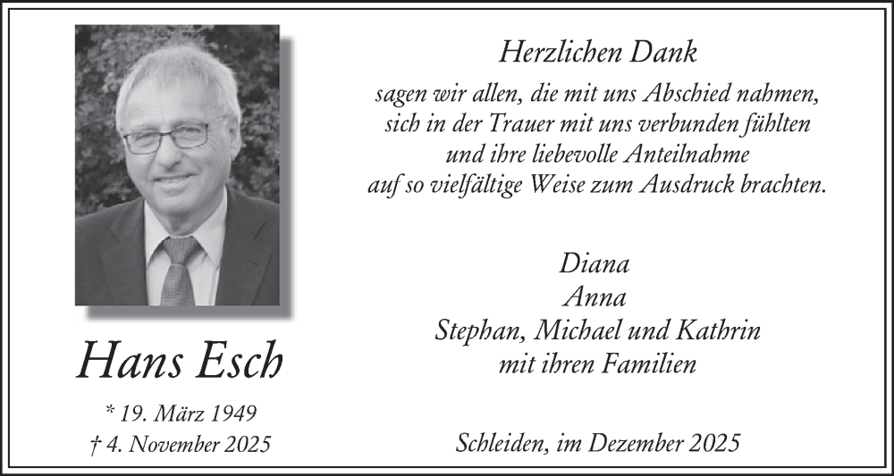  Traueranzeige für Hans Esch vom 10.12.2025 aus WochenSpiegel